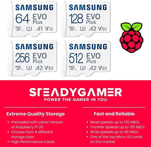 SteadyGamer - 512GB Raspberry Pi Toaded Evo Plus Micro SD כרטיס | 400, 4, 3b+, 3a+, 3b, 2, zero |
